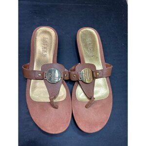 Lauren Ralph Lauren Womens Leather Upper Gold/Brown Thong Sandals Size 8B
